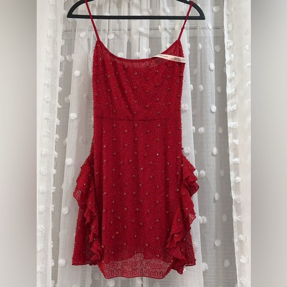 oh polly red embellished frill mini dress